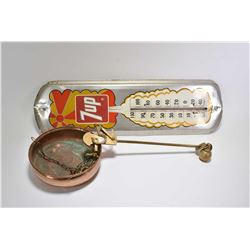 Vintage 7-UP metal wall thermometer made by Canada-Barker-74 no. 3793 and a single beam balance scal