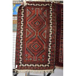 Vintage Iranian wool throw rug with double medallion in shades or red, black, white etc. 39" X 69"