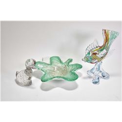 Three pieces of art glass including 11" tall fish, starfish shaped Murano bowl, and an English made 