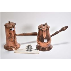 Two antique copper coffee pots including George II with hinged lid and wooden handle 9 1/2" and one 