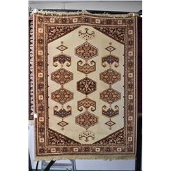 Belgian made 100% pure wool area carpet with geometric pattern, cream background and multiple border