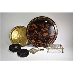 Large wall mount lacquered 23" diameter charger, has had repairs, a hand chaised and pierced brass c