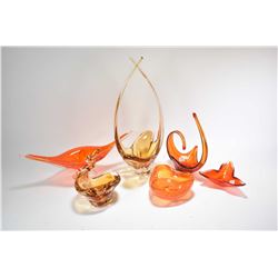 Six pieces of mid century art glass including gold 20" tall vase signed Chalet and a orange boat sha