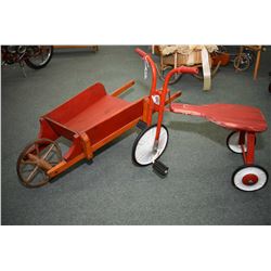 Child's vintage trike and wooden wheel barrow