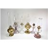 Image 1 : Six vintage oil lamps including brass Bradley & Hubbard with hurricane, metal lamp, four colourless 