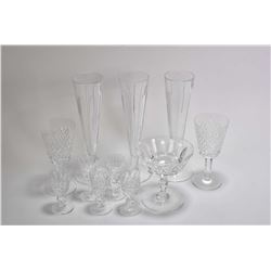 Selection of Waterford crystal including three 9" Shine pattern champagne flutes, pair of matching c