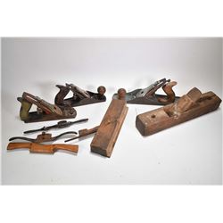 Selection of vintage and antique wood planes including Stanley no. 3, Canadian Handiman, two Stanley