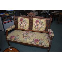 Antique Eastlake button tufted two seat settee with open arms