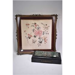 Antique framed silk still-life, overall dimensions 20  square and a art deco desk top box with malac