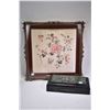 Image 1 : Antique framed silk still-life, overall dimensions 20" square and a art deco desk top box with malac