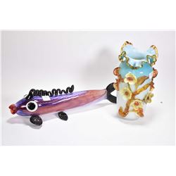 Two pieces of art glass including a Murano kissing fish and a 10" high ruffled vase with attached fl