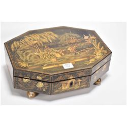 Antique Chinese lacquered and hand painted jewellery casket with original key, has been relined, 11 