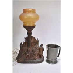 Figural "Serenade" desk lamp with glass shade and an antique pewter tankard "Prince Albert, Great Co