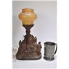 Image 1 : Figural "Serenade" desk lamp with glass shade and an antique pewter tankard "Prince Albert, Great Co