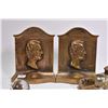 Image 2 : Pair of heavy bronze Lincoln book ends an art nouveau brass and glass inkwell and a desk to spirit c