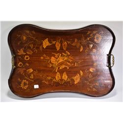 Antique marquetry wooden serving tray with galley and double brass handles