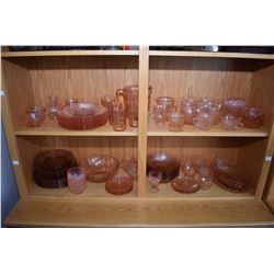 Two shelf lots of vintage pink Depression glass including eight cereal bowls, six dinner plates, fou