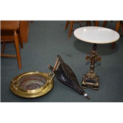 Brass and copper double handled plant tray, a bas relief set of bellows plus a cast and marble cente