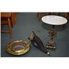 Image 1 : Brass and copper double handled plant tray, a bas relief set of bellows plus a cast and marble cente