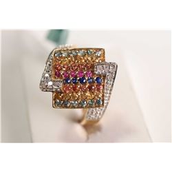 New old stock 14kt yellow gold and multi coloured sapphire gemstone and diamond ring. Set with forty