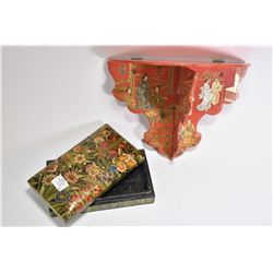 Floral designed Kashmir lacquered box hand painted with gold leaf and an Oriental lacquered folding 