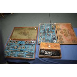 Two wood cased English made tap and die sets and a Genuine Armstrong pipe threader in wooden box