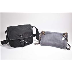 Two vintage designer handbags including black vinyl Prada and a grey denim Lanvin Paris shoulder bag