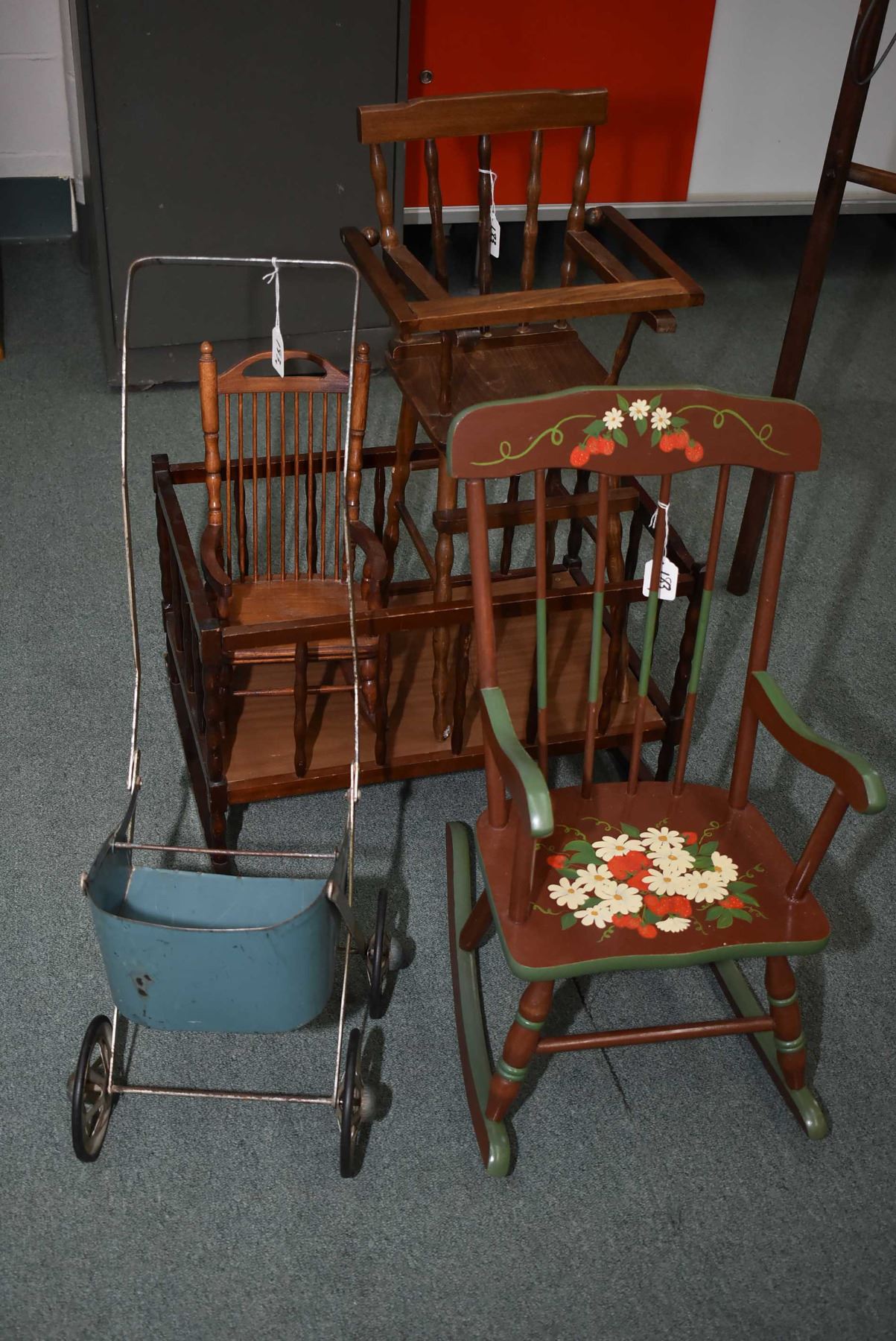 Selection of nursery items including doll's pram, highchair, rocker and ...