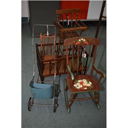 Selection of nursery items including doll's pram, highchair, rocker and cradle plus a child sized sp