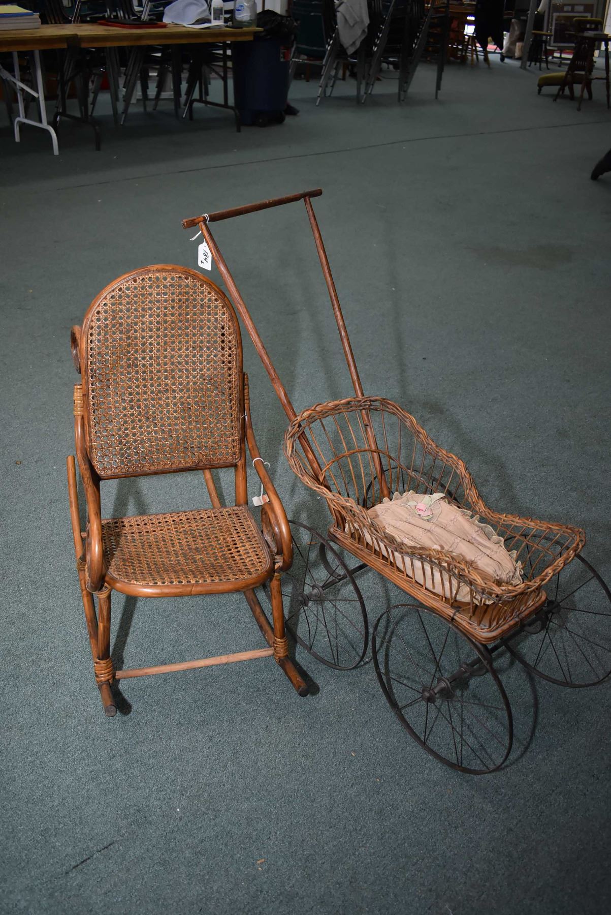 Vintage doll pram with metal chasis and wicker basinet plus a willow ...