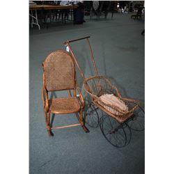 Vintage doll pram with metal chasis and wicker basinet plus a willow and rattan child sized rocker
