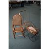 Image 1 : Vintage doll pram with metal chasis and wicker basinet plus a willow and rattan child sized rocker
