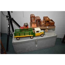 Wooden toy box and selection of wooden toys including trucks and train