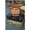 Image 1 : Two vintage suitcases and a modern simulated barrel with metal bindings for recycling