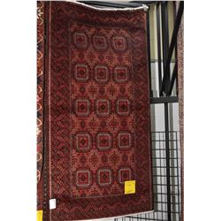 100% handmade Iranian wool Baloch area carpet with geometric design, red background and highlights o
