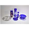 Image 1 : Selection of cobalt glass including 12" cut crystal vase, note small nibble on inside rim, plus cut 