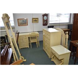 Child's painted bedroom suite including four drawer highboy, single headboard and single drawer nigh