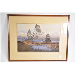 Vintage multi-coloured block print of birch trees in a storm pencil signed by artist Oscar Droege, n