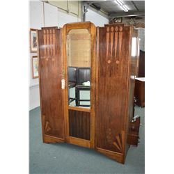 English art deco oak wardrobe with single mirrored door and inlaid oak decoration