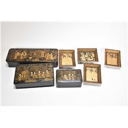 Three antique Chinese lacquered boxes, all hand painted and one divided for gaming counters plus sma