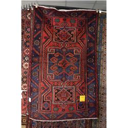 100% handmade Iranian Zanjan area carpet with triple medallion, red background in shades of blues, o