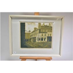 Four framed block prints of the city of Bath including "Abbey Courtyard", "Putney Bridge", "The Circ