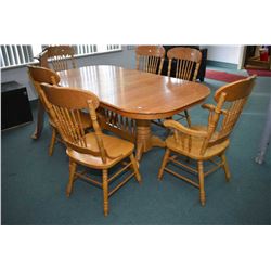 Modern Canadiana style double pedestal dining table with two full skirted insert leaves plus six pre