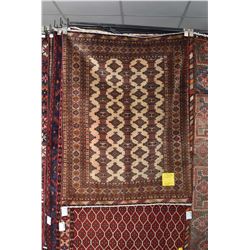 100% handmade Iranian Balochi area carpet with overall geometric design, multiple border in shades o