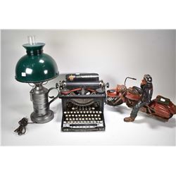 Vintage L.C. Smith & Bros. No. 8 typewriter, kettle style oil lamp converted to electric with cased 