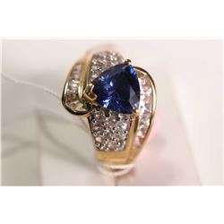 New old stock 10kt yellow lab created blue sapphire and white sapphire gemstone ring.