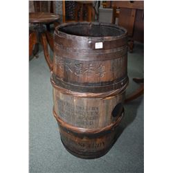 Antique oak and metal bound barrel with Oriental carved script and stamped Hong Kong etc. 24" in hei