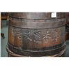 Image 2 : Antique oak and metal bound barrel with Oriental carved script and stamped Hong Kong etc. 24" in hei