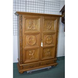 Bacchus wine cabinet with two carved oak wine themed paneled doors, tiled interior prep surface, fiv