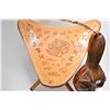 Image 3 : Folk art carved face bellows signed by artist and a three legged tooled leather stool from The Weste